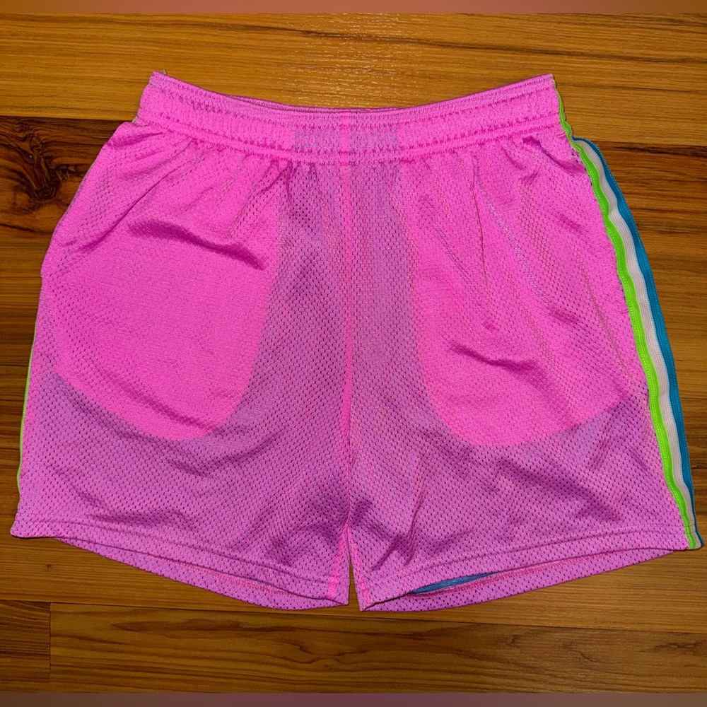 Chubbies Mesh Shorts Pink Neon Stripe Retro 80s Surf Gym Medium